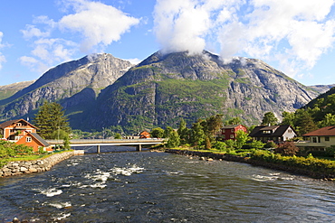 Eidfjord River rapidly flows into Eidfjorden, Hordaland, Hardanger, Norway, Scandinavia, Europe