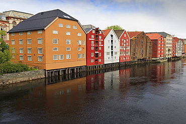 Colourful wooden warehouses on wharf beside the Nidelva River, Trondheim, Sor-Trondelag, Norway, Scandinavia, Europe