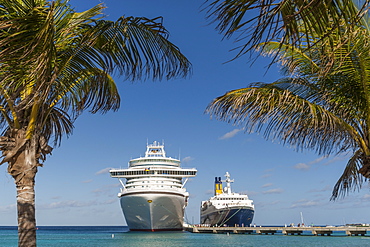 Cruise ships and disembarking passengers, seen through palm trees, Grand Turk, Turks and Caicos, West Indies, Caribbean, Central America