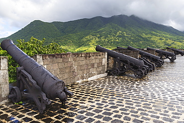 Cannons and green hills, Brimstone Hill Fortress, UNESCO World Heritage Site, St. Kitts, St. Kitts and Nevis, West Indies, Caribbean, Central America