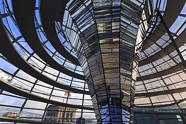 Reichstag dome interior with reflected visitors, early morning, Mitte, Berlin, Germany, Europe