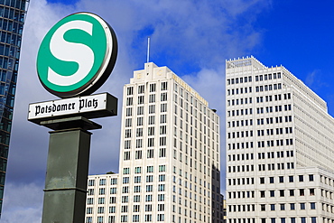 S-Bahn subway sign and the Beisheim Center Ritz-Carlton and Marriott hotels, Potsdamer Platz, Berlin, Germany, Europe