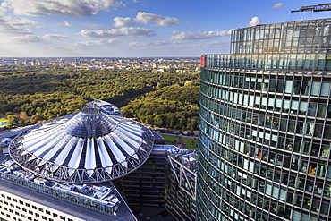 Elevated view, Sony Center Deutsche Bahn offices, from Panoramapunkt, Kollhoff Building, Potsdamer Platz, Berlin, Germany, Europe