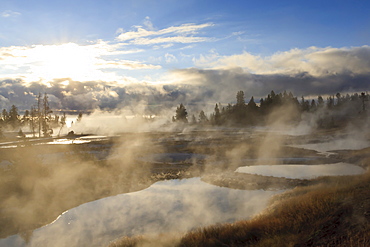 Freezing mists, dawn, West Thumb Geyser Basin, Yellowstone National Park, UNESCO World Heritage Site, Wyoming, United States of America, North America 