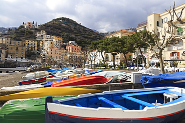 Minori, colourful boats on the beach with promenade in early spring, Costiera Amalfitana (Amalfi Coast), UNESCO World Heritage Site, Campania, Italy, Euruope