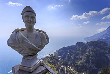 View down to Atrani, from Terrace of Infinity, Gardens of Villa Cimbrone, Ravello, Costiera Amalfitana (Amalfi Coast), UNESCO World Heritage Site, Campania, Italy, Europe