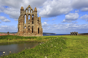 Ruins of Whitby Abbey with Abbey Pond, Whitby, North Yorkshire, England, United Kingdom, Europe