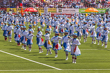 Dancing child performers and crowd, Naadam Stadium, Naadam Festival Opening Ceremony, Ulaan Baatar (Ulan Bator), Mongolia, Central Asia, Asia