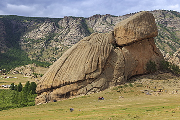 Turtle Rock, rock formation, with many visitors and distant tourist ger camps in summer, Terelj National Park, Central Mongolia, Mongolia, Central Asia, Asia