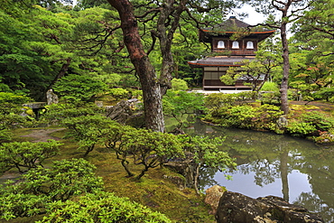 Ginkaku-ji (Silver Pavillion), classical Japanese temple and garden, main hall, pond and leafy trees in summer, Kyoto, Japan, Asia