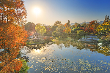 Elevated view of small pagoda in autumn in a wide park scene in Hangzhou, Zhejiang, China, Asia 