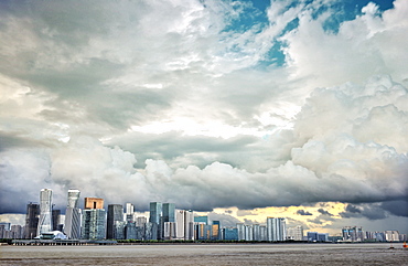 Typhoon clouds over new skyline of Hangzhou city, Hangzhou, Zhejiang, China, Asia