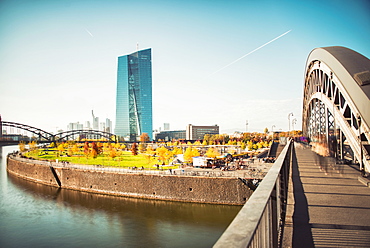 New architecture in the Frankfurt Ostend district including the EZB Building, Frankfurt, Hesse, Germany, Europe