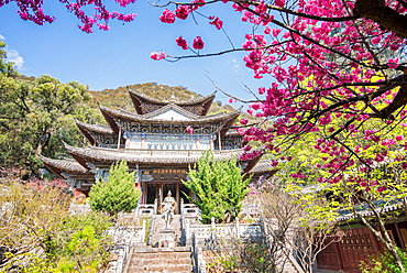 Fu Guo Temple, Five Phoenix Building (formerly Buddhist Cloud Building) in spring, Lijiang, Yunnan, China, Asia 