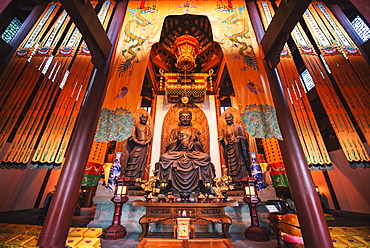 Interior architecture and Ru Lai Buddha statue at Lingyin Monastery in Hangzhou, Zhejiang, China, Asia 