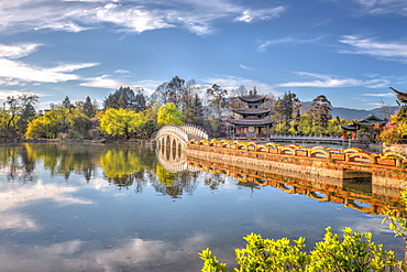 Moon Embracing Pagoda with Suocui Bridge in Lijiang, Yunnan, China, Asia 