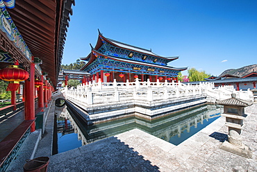 Wide angle image of one of the colorful main buildings at Mufu complex in Lijiang, Yunnan, China, Asia 