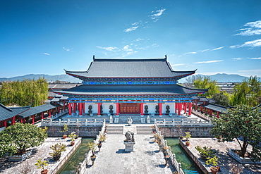 One of the main buildings at Mufu Wood Mansion complex as seen from an elevated perspective, Lijiang, Yunnan, China, Asia 