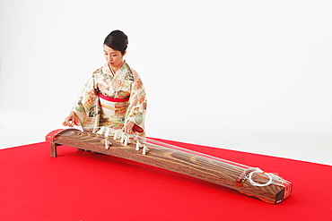 Japanese woman in a kimono playing the koto