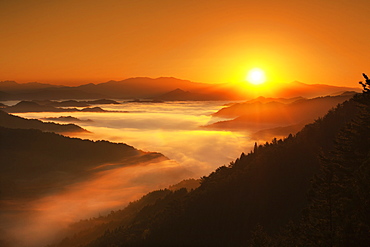 Sunrise behind Mountains and Sea of Clouds, Nara Prefecture, Japan