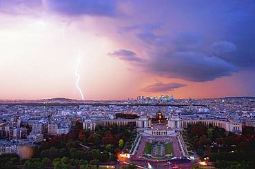 Lightning and the Palais de Chaillot from the Eiffel Tower, Paris, France