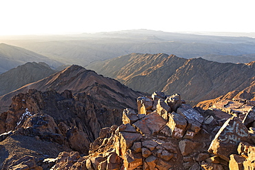 A view from the summit of Mount Toubkal looking over the Atlas Mountains, Morocco