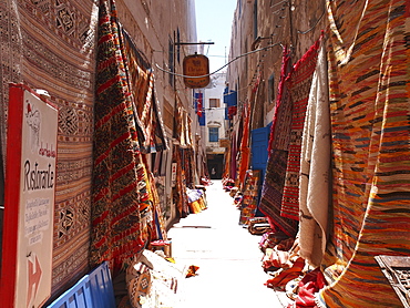 Rugs being sold in the alleys of Essaouira, , Morocco