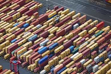 Elevated view of cargo containers at port in Bremerhaven, Bremen, Germany