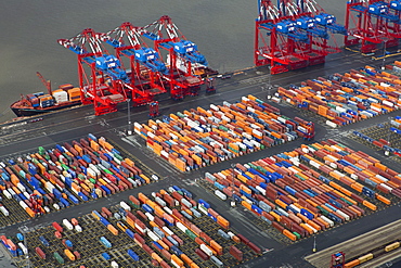 Elevated view of cranes and cargo containers at port in Bremerhaven, Bremen, Germany