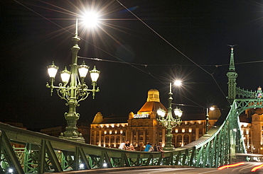 Liberty Bridge illuminated at night with the Gellert Hotel in the background, Budapest, Hungary