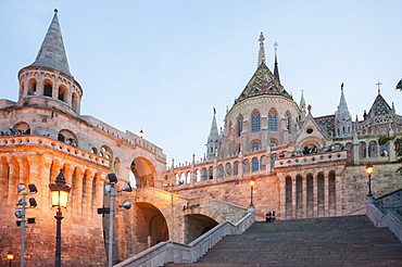 The fishermen's bastion at dusk, constructed between 1895 and 1902 in the neo-romantic style, Budapest, Hungary