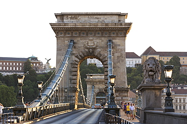 The Chain Bridge with lion statue, Budapest, Hungary