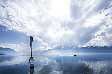 A giant fork on the bank at Vevey, Lake Geneva, Switzerland