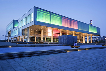 View of illuminated Museum Contemporary Art in Zagreb, Croatia 