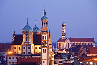 View of Perlachturm Hall and St. Ulrich's and St. Afra's Abbey in Augsburg, Germany