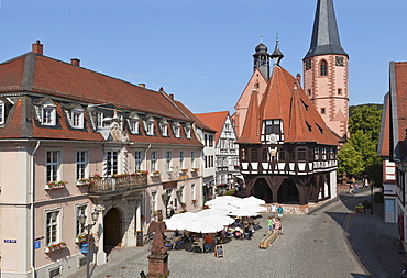 View of market square near City hall in Michel City, Odenwald, Hesse, Germany