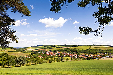 View of landscape and village, Olfen, Sontra, Hesse, Germany