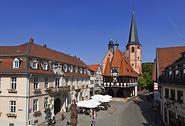 View of market square near City hall in Michel City, Odenwald, Hesse, Germany