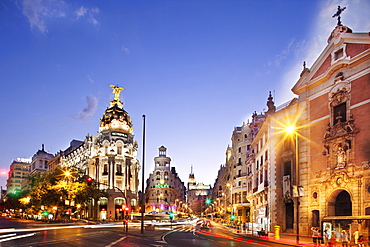 View of neoclassical houses at dusk, Madrid, Spain, long exposure