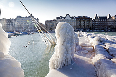 View of harbor with ice in Lake Geneva, Geneva, Switzerland