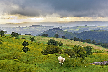 View of Brecon Beacons National Park and storm clouds in sky at Wales, UK