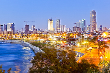 View of Neve Tzedek district skyline and Mediterranean at evening, Tel Aviv, Israel