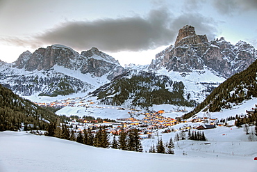 View of winter mountain at Dolomites, Corvara, South Tyrol, Italy