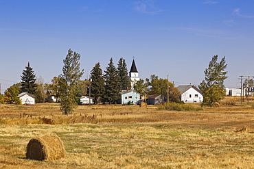 View of truck and houses in Ceylon, Saskatchewan, Canada