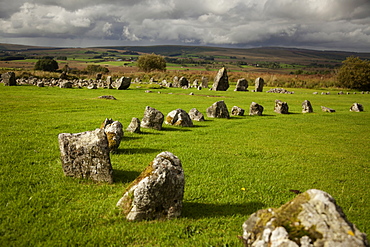 View of Tyrone stone circles on green landscape, Ireland, UK