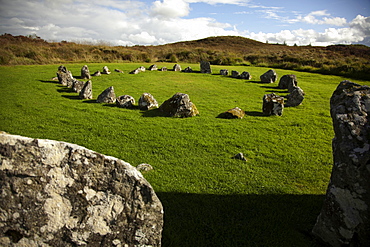 View of Tyrone stone circles on green landscape, Ireland, UK