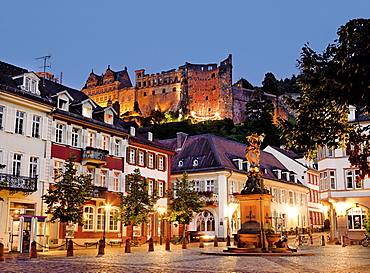 View of ruin of old castle and buildings at dusk in Heidelberg, Germany