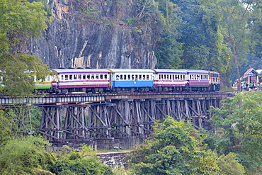 River Kwai train crossing the Wampoo Viaduct on the Death Railway above the River Kwai valley near Nam Tok, Kanchanaburi, Thailand, Southeast Asia, Asia