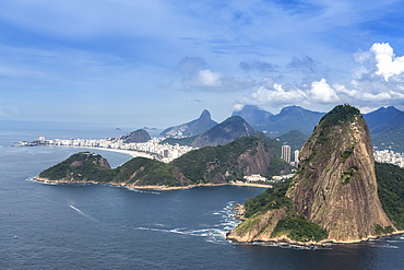 Aerial view of the Sugar Loaf, Copacabana Beach and the Serra da Carioca mountains, Rio de Janeiro, Brazil, South America