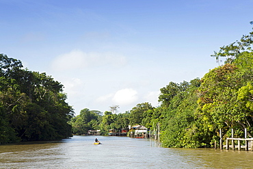 A boat on an igarape (flooded creek) in the Brazilian Amazon near Belem, Para, Brazil, South America